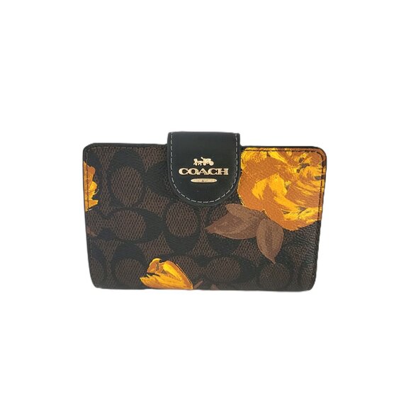 Coach CCL69 Medium Corner Zip Signature Floral Print Bifold Wallet Walnut Black - Picture 2 of 8